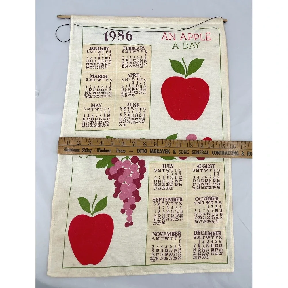 Vintage 1986 Linen Calendar Tea Towel Apple Grapes Fruit Wall Hanging 24x16